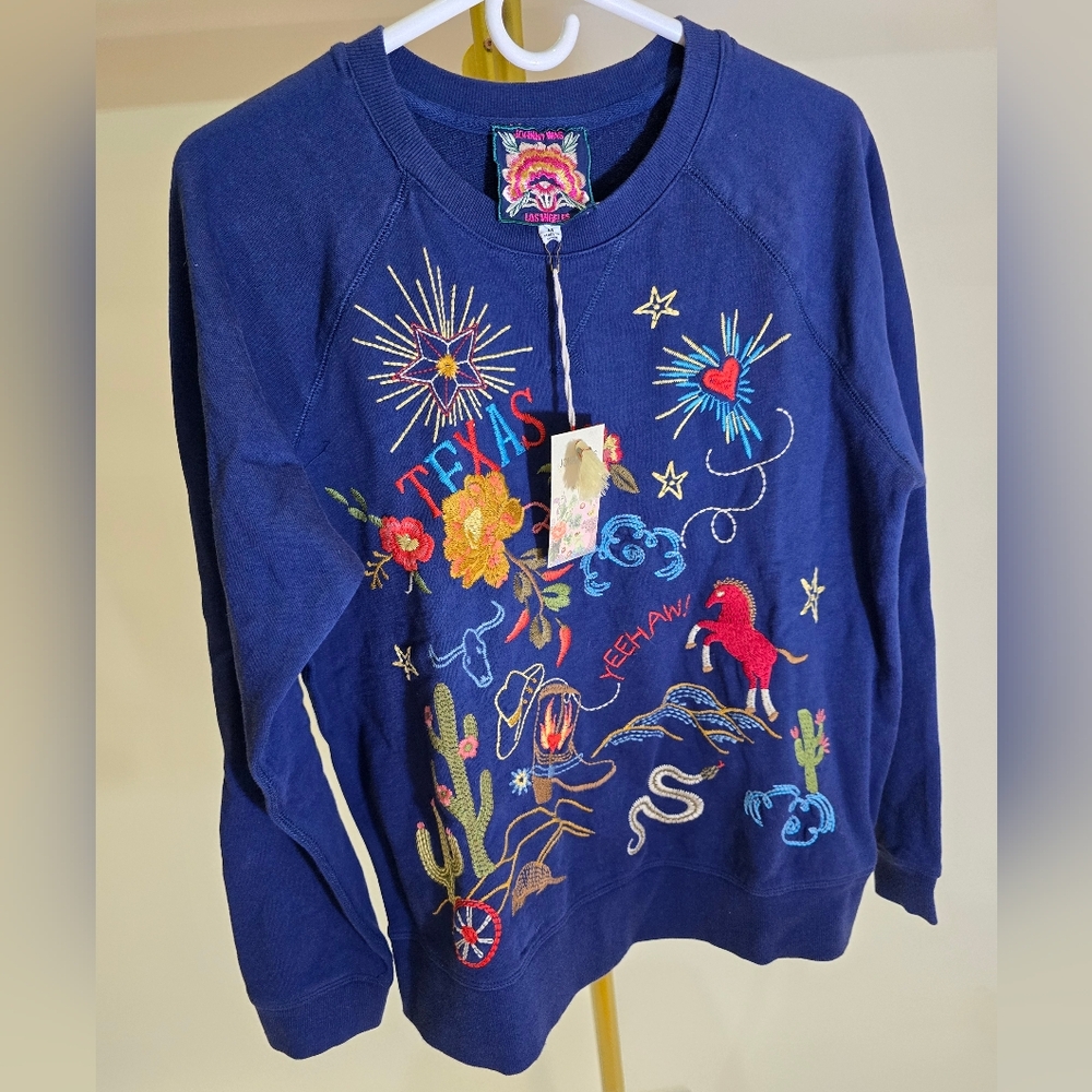 Johnny Was Texas Raglan NWT Navy Sweater Embroidery M Sweatshirt
